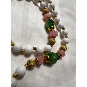 Vtg Ornate Gay Boyer Marked Signed Beaded Necklace White Gold Tone Green Pin